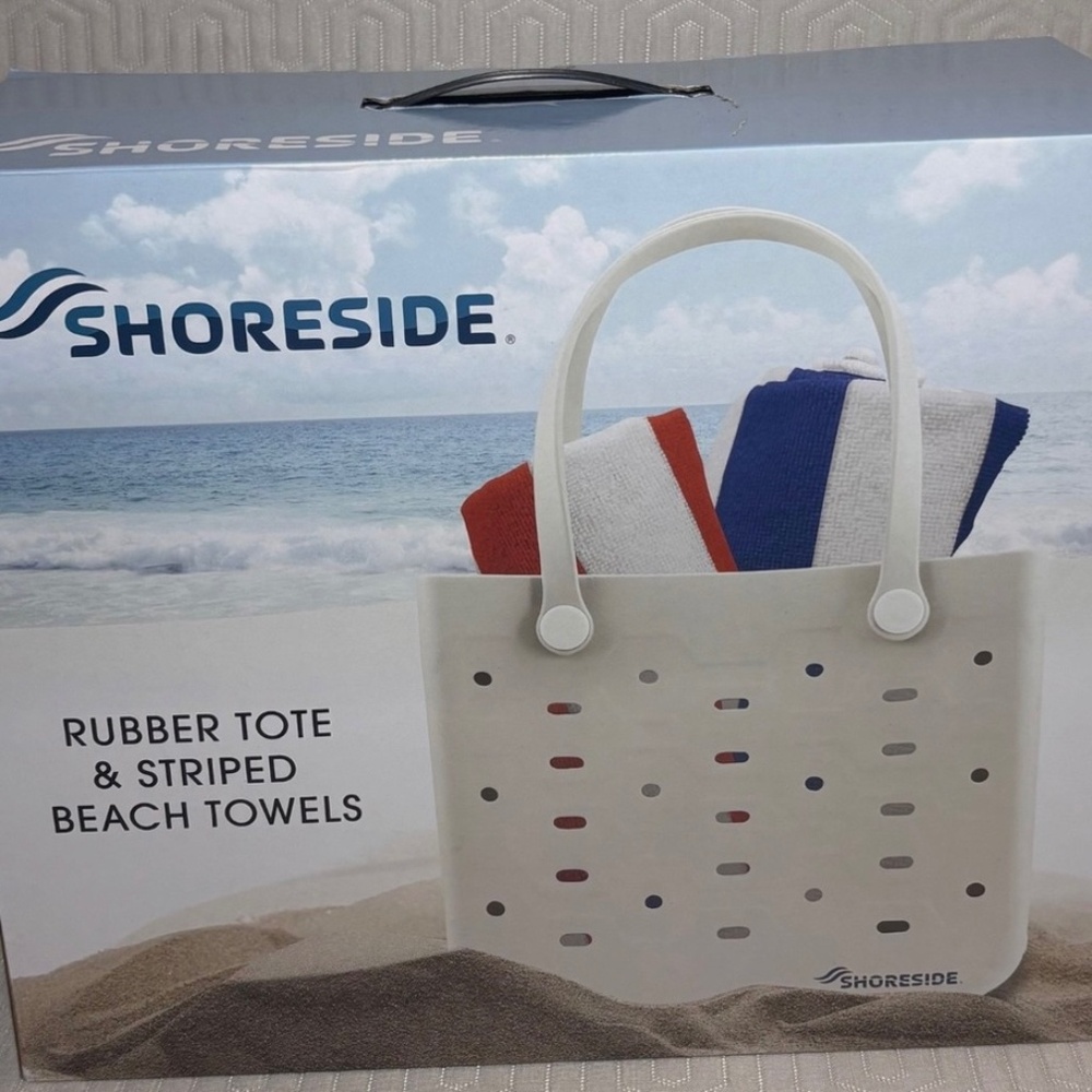 Shoreside Rubber Tote White Beach Bag & Striped Beach Towels